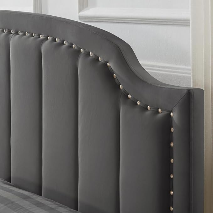 24KF Velvet Fabric Upholstered Queen/Full Headboard with Nail Trims,Modern Vertical Channel Design with Curved Headboard,6052-Q-Dark Gray
