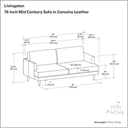 SIMPLIHOME Livingston 76-inch Wide Sofa in Caramel Brown Top Grain Genuine Leather, Handcrafted Mid-Century Modern Loveseat for Living Room, Compact 2-Seater with Feather-Wrapped Cushions