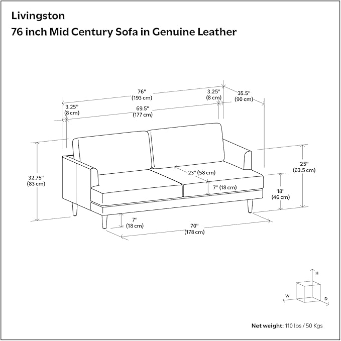SIMPLIHOME Livingston 76-inch Wide Sofa in Sienna Top Grain Genuine Leather, Handcrafted Mid-Century Modern Loveseat for Living Room, Compact 2-Seater with Feather-Wrapped Cushions