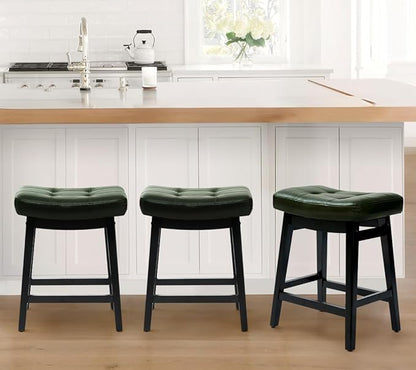 Counter Height Bar Stools Set of 2 for Kitchen Counter Farmhouse Modern Barstools with Faux Leather Upholstered Backless Seat and Solid Wood Legs 24 inch Bar Chairs, Green + Black
