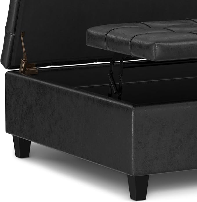 SIMPLIHOME Harrison Large Coffee Table Storage Ottoman - 40 inch Wide Upholstered Vegan Leather Square Lift-Top Ottoman in Distressed Black, Transitional Bench for Living Room with Sturdy Base