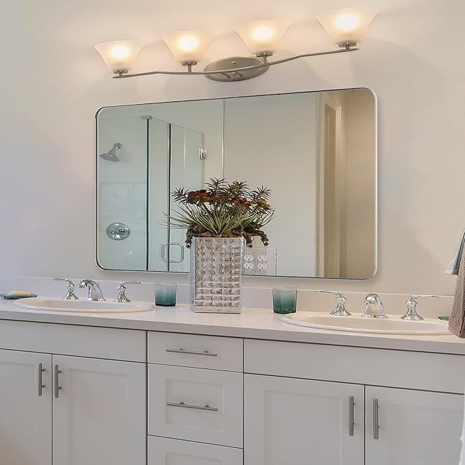 ANDY STAR Brushed Nickel Bathroom Mirror, 24”x40” Rounded Corner Rectangle Mirror, Modern Metal Frame Bathroom Vanity Mirror