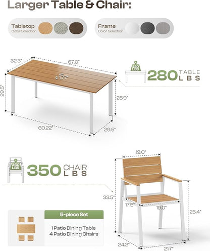 67" Rectangle HDPS Patio Dining Table, Aluminum Outdoor Patio Dining Table with Umbrella Hole, Weather-Resistant for Lawn, Garden, Yard, Poolside and Indoor Use, White & Teak