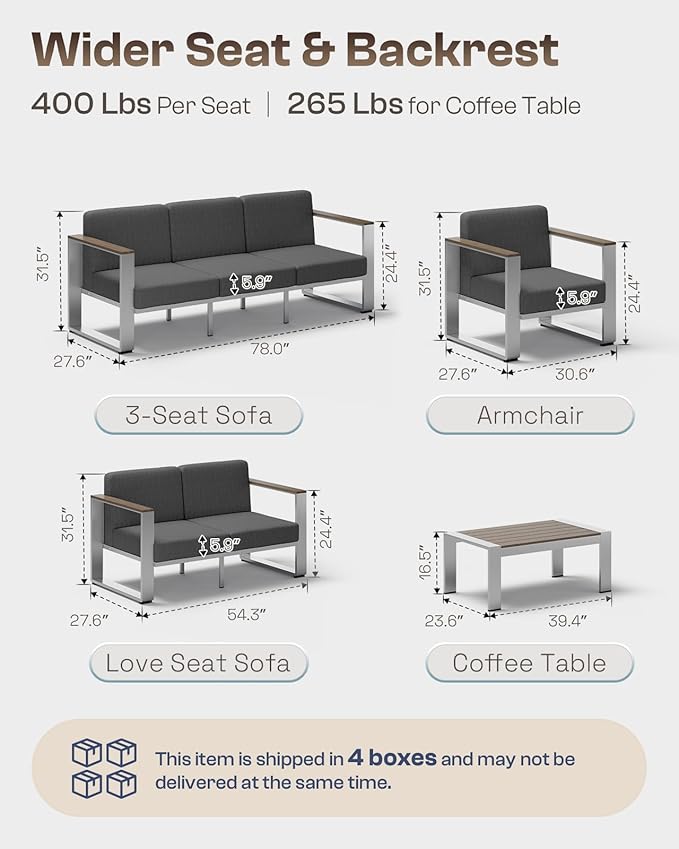 Outdoor Patio Furniture Set, 7 Seats Outdoor Patio Conversation Sets with Ergonomic Seat and Wide Washable Thick Cushions, Modern Patio Sectional Furniture for Balcony, Porch (Charocal)