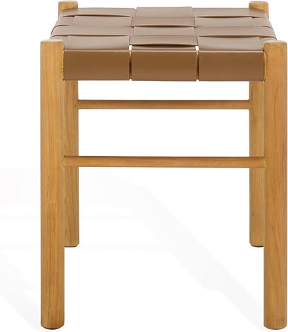 SAFAVIEH Couture Collection Devnie Brown Woven Leather & Natural Solid Wood Ottoman (Fully Assembled)