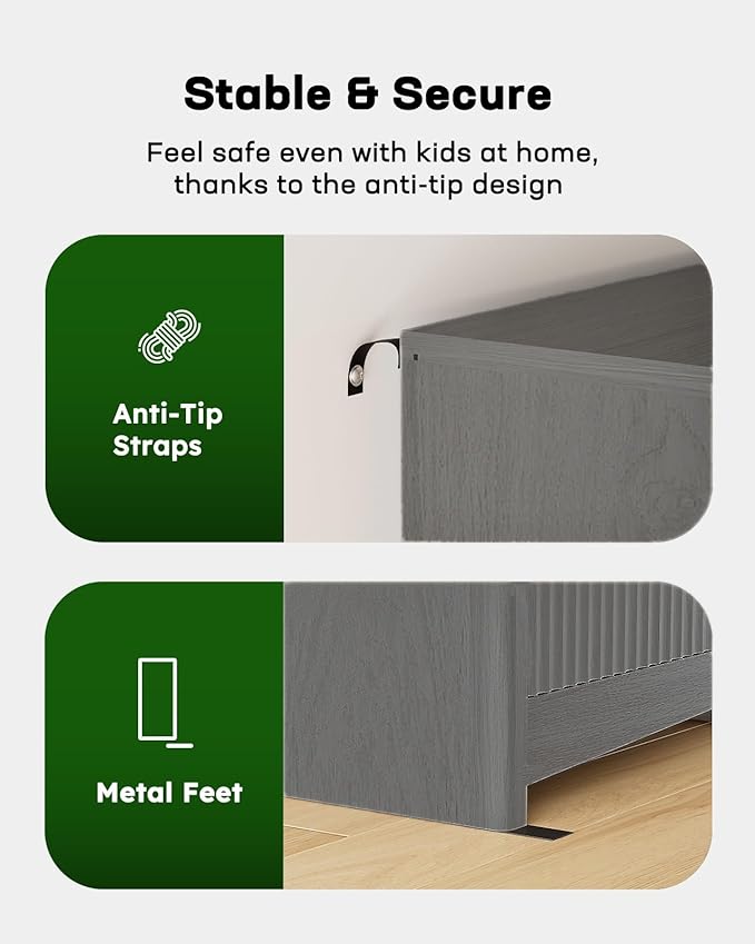 Marsail Fluted 7-Drawer Wide Wooden Dresser, Smooth Gliding Drawers & Large Capacity Storage Space, Modern Organizer Cabinet for Bedroom or Hallway, Light Grey