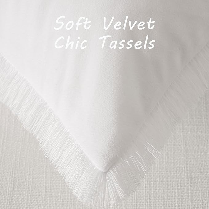 FUTEI Cream White Velvet Decorative Throw Pillow Covers 24x24 Set of 2,Soft Cozy Edge with Tassels European Cushion Case,Boho Modern Home Decor for Couch Bed Living Room