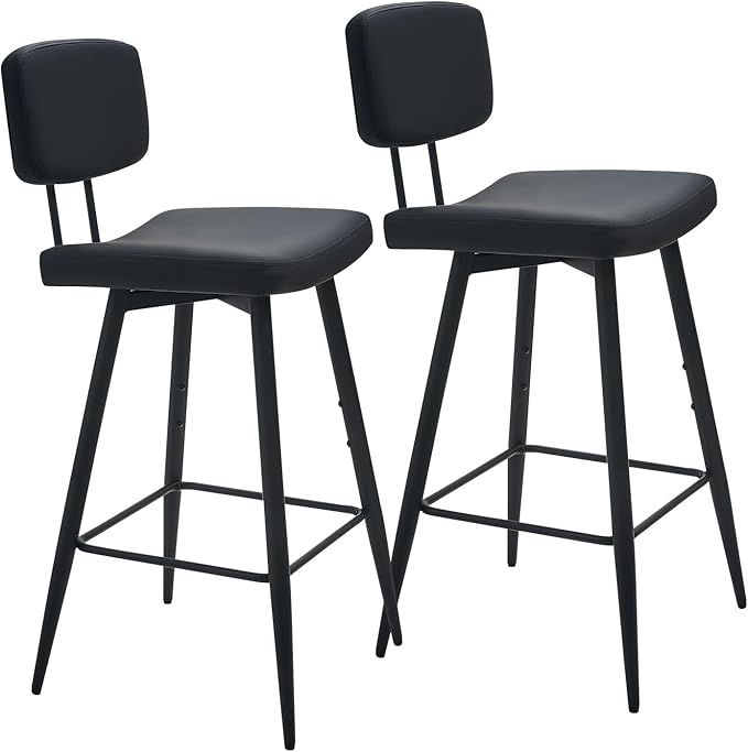 Tall Bar Stools Set of 2, 30 Inch High Counter Height Barstools with Padded Back Support, Faux Leather Bar Chairs, Metal Legs, for Kitchen Island, Black