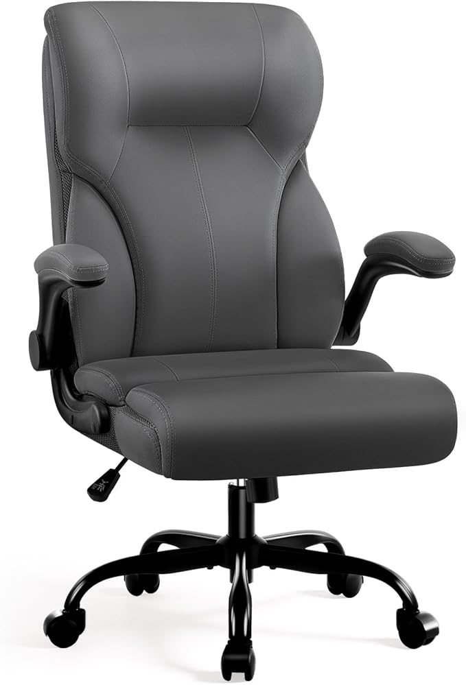Executive Office Chair, High Back Ergonomic Comfy Desk Chair with Padded Flip-up Armrests and Wheels, PU Leather Heavy Duty Computer Swivel Rolling Task Chair for Home Office, Adults, Gray