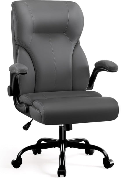 Executive Office Chair, High Back Ergonomic Comfy Desk Chair with Padded Flip-up Armrests and Wheels, PU Leather Heavy Duty Computer Swivel Rolling Task Chair for Home Office, Adults, Gray