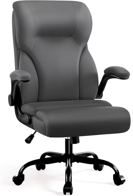 Executive Office Chair, High Back Ergonomic Comfy Desk Chair with Padded Flip-up Armrests and Wheels, PU Leather Heavy Duty Computer Swivel Rolling Task Chair for Home Office, Adults, Gray