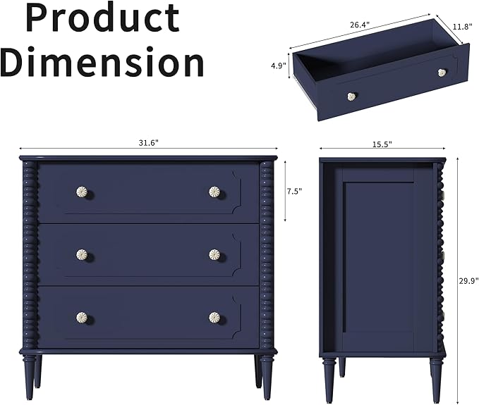 3 Drawer Dresser, 32 inch Wide Dresser for Bedroom, Modern Wood Chest of Drawers, Turned Legs Nightstand with 3 Drawers for Dorms, Hallway, Entryway (Blue)