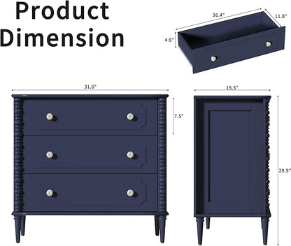 3 Drawer Dresser, 32 inch Wide Dresser for Bedroom, Modern Wood Chest of Drawers, Turned Legs Nightstand with 3 Drawers for Dorms, Hallway, Entryway (Blue)