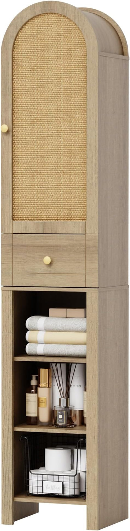 70" Tall Bathroom Storage Cabinet with Rattan Door，Narrow Storage Cabinet with Drawer Adjustable Shelves, Modern Arched Design Bathroom Cabinet for Bathroom, Living Room, Kitchen, Natural