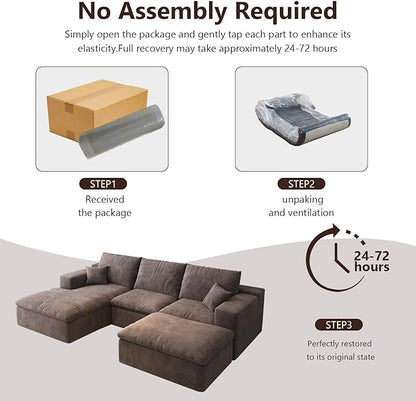 107'' U-Shaped Modern Modular Sectional Cloud Couch Whit Ottoman, 4-Seat Chenille Deep-Seat Sofa with Pillow for Living Room, Bedroom, Apartment, Camel