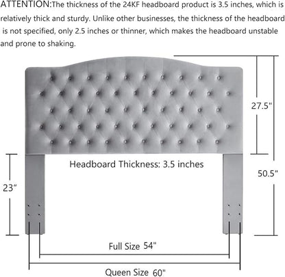 24KF Upholstered Tufted Button Velvet Headboard,Comfortable Fashional Headboard Queen/Full Size, Gray