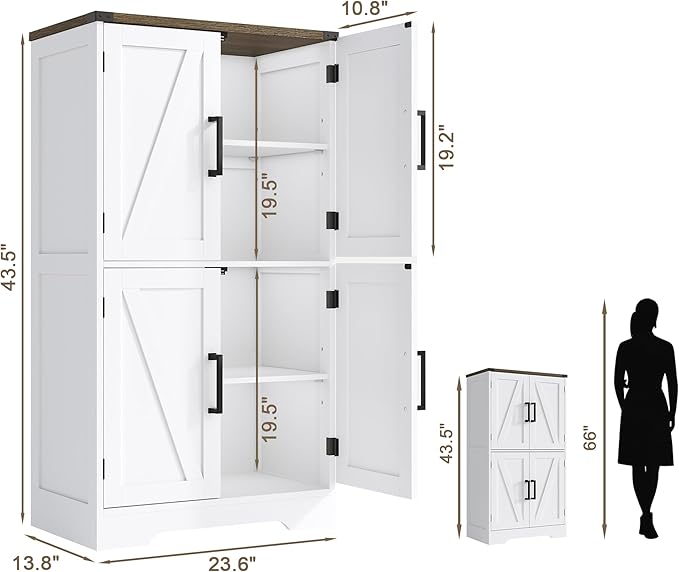 Treocho Bathroom Floor Cabinet, Farmhouse Bathroom Storage Cabinet with Doors and Adjustable Shelves, Freestanding Kitchen Pantry Cabinet, Cupboard for Living Room, Dining Room, White