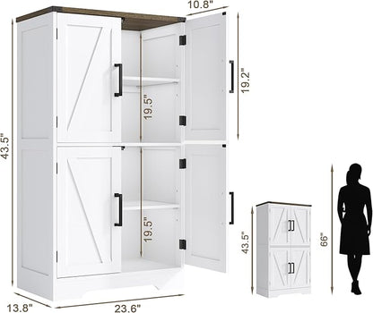 Treocho Bathroom Floor Cabinet, Farmhouse Bathroom Storage Cabinet with Doors and Adjustable Shelves, Freestanding Kitchen Pantry Cabinet, Cupboard for Living Room, Dining Room, White