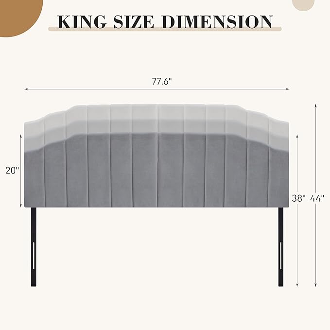 Upholstered Headboard Adjustable Height Queen/King Headboard Cream Velvet Tufted Modern Vertical Channel Design with Stepped Silhouette Top Edge(Grey King)