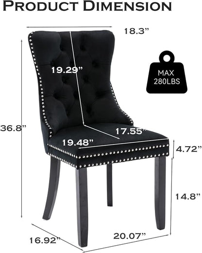 Velvet Upholstered Dining Chairs Set of 4, Modern Style Kitchen Side Chairs with Nailhead Trim and Wood Legs,Metal Pulling Ring for Dining Room Living Room(Black,Set of 4)