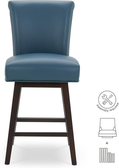 CHITA 26 Inch Counter Height Swivel Bar Stool, FSC Certified Modern Upholstered Faux Leather Swivel Barstool Chair with Back, Blue