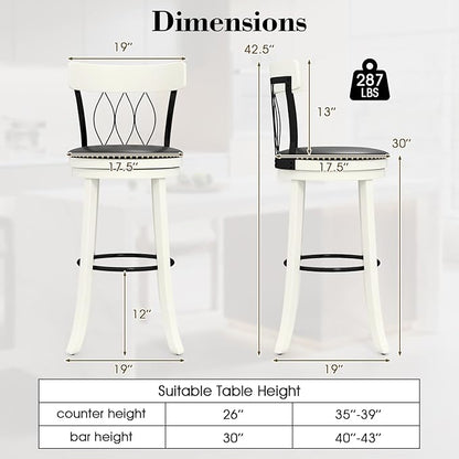 COSTWAY Bar Stools Set of 4, 30‘’ Seat Height Swivel Barstools with Ergonomic Backrest, Soft Cushion & Footrest, Rubber Wood Bar Height Bar Chairs Upholstered Dining Chairs for Kitchen Island