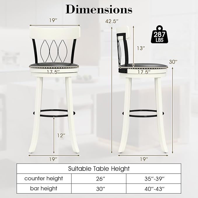 COSTWAY Bar Stools Set of 2, 30” Seat Height Swivel Barstools with Ergonomic Backrest, Soft Cushion & Footrest, Rubber Wood Bar Height Bar Chairs Upholstered Dining Chairs for Kitchen Island