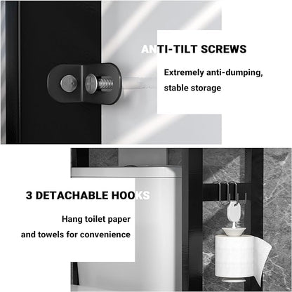 Homykic Bamboo Over The Toilet Storage Shelf, 3-Tier Above Toilet Storage Organizer Rack with 3 Hooks, Freestanding Bathroom Tower Shelf Unit for Small Space, No Rust, Easy to Assemble, Black