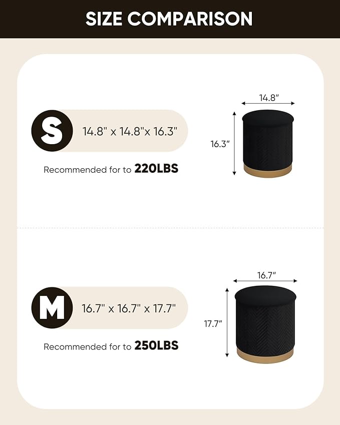 B FSOBEIIALEO Ottoman with Stroage, Round Velvet Storage Ottoman with Gold Plating Base,Foot Rest Stool for Dorm Room, Living Room Black, 14.76"x14.76"x16.35"
