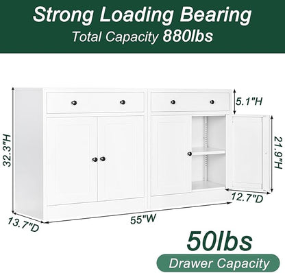 BESFUR Buffet Metal Cabinet with Storage 32”,White Sideboard Farmhouse Storage Cabinet with Adjustable Shelves, 2 Drawer and 4 Doors for Entryway Living Room, Bathroom, Kitchen,Home Office,Apartment