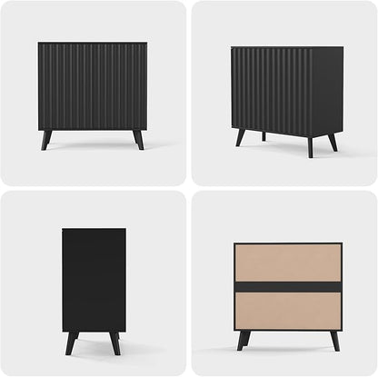 Fluted Sideboard Buffet Cabinet with 2 Doors, Modern Storage Cabinet with Adjustable Shelves, Wood Console Table for Kitchen Dining Living Room Entryway (Black)