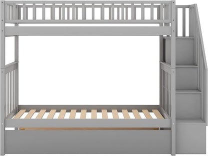 Twin-Over-Twin Bunk Bed with Trundle,Guardrail and 4 Storage Shelves,Wood Bunk-Bed W/Planked Panel Headboards & Footboards,Bedroom Furniture for Children,Teens,Adults,Gray