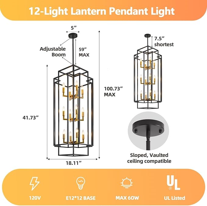 Farmhouse 12-Light Lantern Tiered Pendant Light Fixture - Entryway Chandelier for High Ceilings, Staircase, Hallway (Black and Gold)