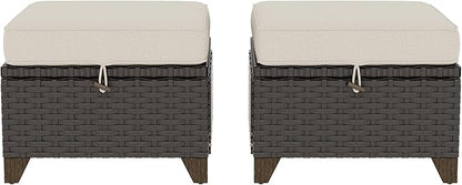 2 Pieces Patio Outdoor Ottomans with Removable and Washable Covers，PE Rattan Wicker Footstools for Porch, Garden, Sunroom (Beige)