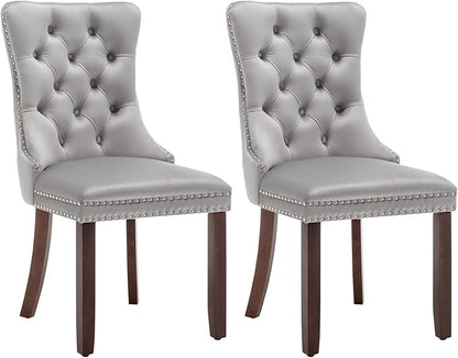 Velvet Dining Chairs Set of 2, Tufted Dining Room Chairs with Nailhead Ring Pull Trim, Upholstered Dining Chairs with Solid Wood Legs for Kitchen Dining Room (Light Grey)