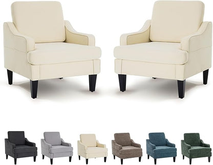 Modern Accent Chairs Set of 2 Upholstered Reading Chair for Bedroom with Side Pockets Comfy Living Room Chairs Living Room Armchair for Office, Apartment (Beige)