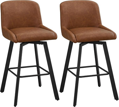 Swivel Bar Stools Set of 2, 30''H Upholstered Barstools with Backs, Modern Counter Height Bar Stool Chairs for Kitchen Island, Metal Legs, Faux Leather, Brown Counter Stools