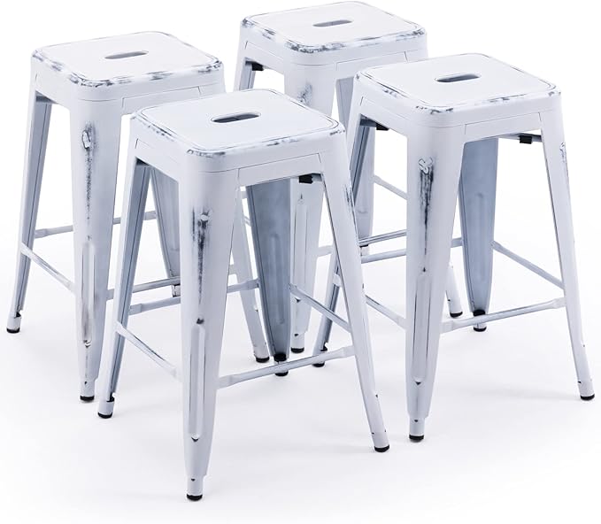 Vogue Furniture Direct 24 Inch Metal Bar Stools, Backless Counter Height Barstools, Indoor Outdoor Stackable Stools with Square Seat, Set of 4 (Distressed White)