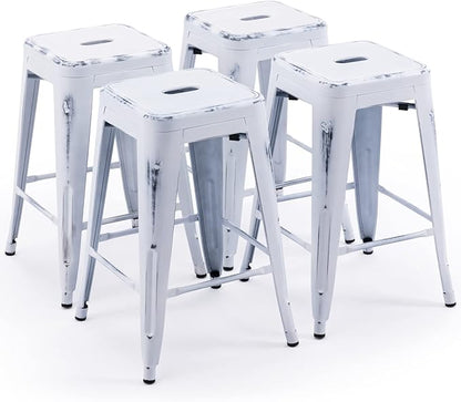 Vogue Furniture Direct 24 Inch Metal Bar Stools, Backless Counter Height Barstools, Indoor Outdoor Stackable Stools with Square Seat, Set of 4 (Distressed White)
