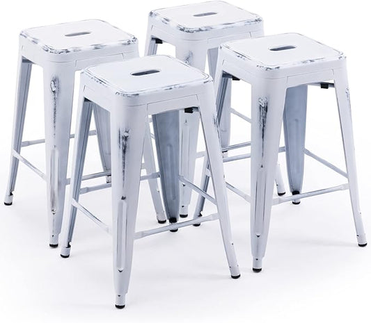 Vogue Furniture Direct 24 Inch Metal Bar Stools, Backless Counter Height Barstools, Indoor Outdoor Stackable Stools with Square Seat, Set of 4 (Distressed White)