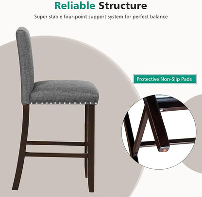 COSTWAY Bar Stools Set of 2, 25.5” Linen Fabric Armless Counter Height Chair with Back, Kitchen Island Breakfast Chair for Dining Room, Party Room & Restaurant (2, Grey)