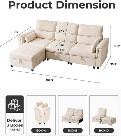 103'' L Shaped Couch, Cloud Modular Sectional Sofa with Storage, Extra Deep Seat, Modern Chenille Sofa with Chaise, Throw Pillows, 4 Seat Convertible Sectional Couches for Living Room, Beige
