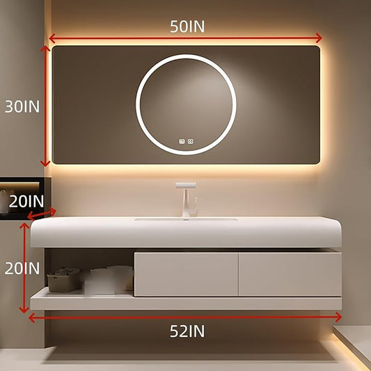 52IN Bathroom Vanity with Sink - Bathroom Cabinet Set has 2 Drawers & Overflow Hole Wall Mounted | LED Practical Defogging Mirror, Open Compartments, Seamless Rock Slab Basin (Cream White)
