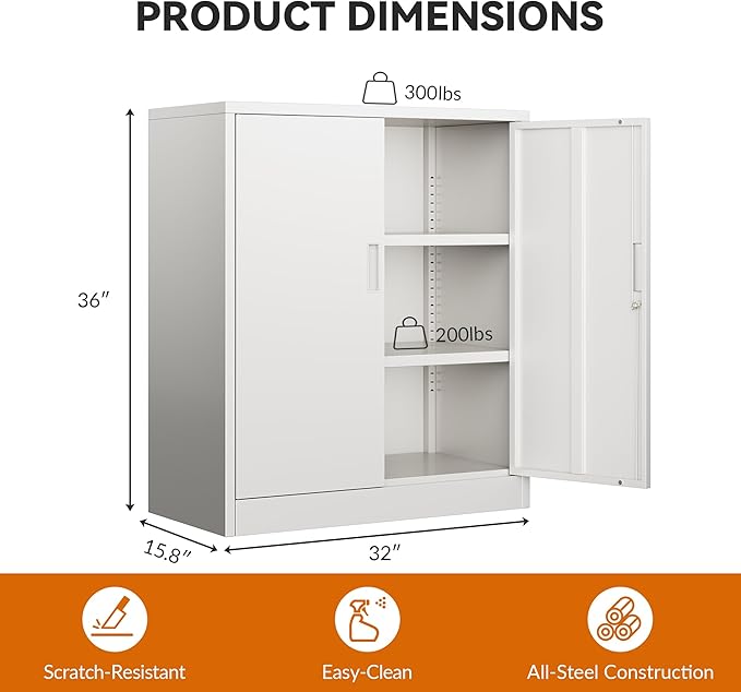 BESFUR Metal Storage Cabinet 36"H, Steel Garage Storage Cabinet with 2 Lockable Doors and 2 Adjustable Shelves, Garage Cabinet for Home Office, Garage,School, Apartment, Warehouse, Utility Room,White