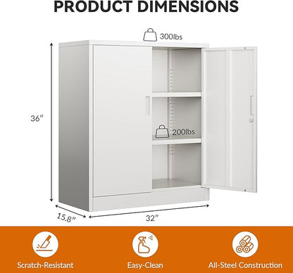 BESFUR Metal Storage Cabinet 36"H, Steel Garage Storage Cabinet with 2 Lockable Doors and 2 Adjustable Shelves, Garage Cabinet for Home Office, Garage,School, Apartment, Warehouse, Utility Room,White