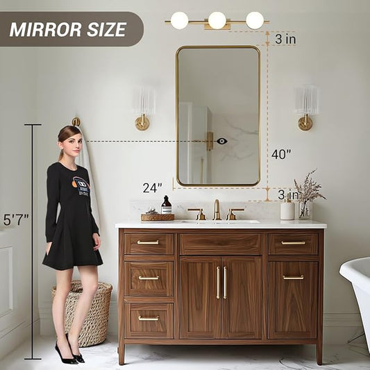 ANDY STAR Bathroom Mirror for Wall, 24x40 Inch Gold Rectangle Mirror for Bathroom with Rounded Corner, Modern Brushed Brass Vanity Rectangular Mirrors with Tube Metal Frame, Explosion-Proof Film