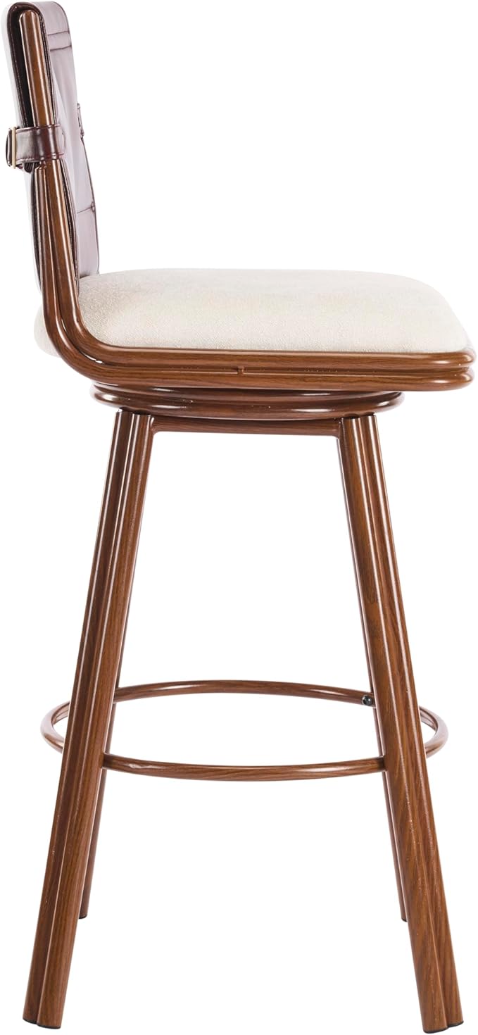 Christopher Knight Home Sibyl Fabric Upholstered Counter Height Bar Stools Set of 2, Metal Stool Chair for Kitchen Island with Faux Leather Backrest, Armless Counter Stool with Footrest, Beige+Walnut