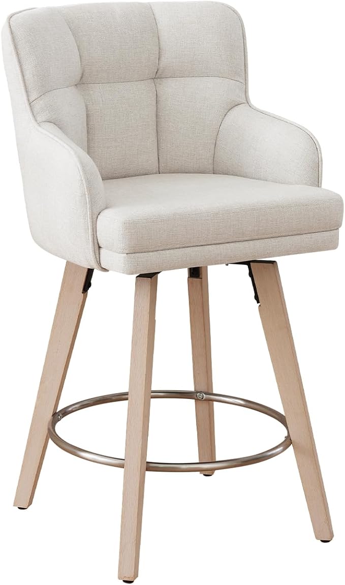 360°Swivel Counter Height Bar Stools with Back, 26 inch Solid Wood Legs, Bar Stool Modern Kitchen Island Chairs, Fabric (Beige- Fabric, 26" H- Set of 1)