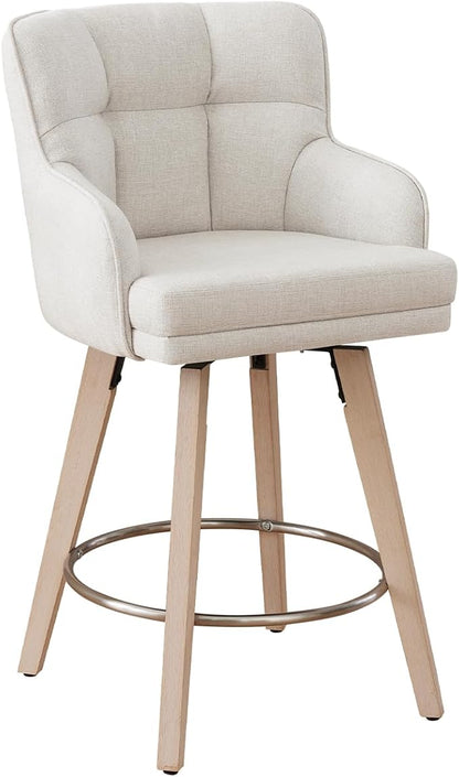 360°Swivel Counter Height Bar Stools with Back, 26 inch Solid Wood Legs, Bar Stool Modern Kitchen Island Chairs, Fabric (Beige- Fabric, 26" H- Set of 1)