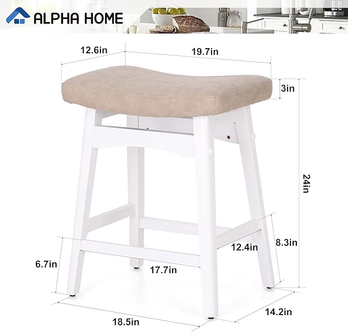 ALPHA HOME Bar Stools Set of 2, Solid Wood Saddle Kitchen Stools with Beige PU Leather Cushion Counter Height Barstools with Wooden Base for Kitchen Dining Cafe, 24 Inch, Beige, 2PCS